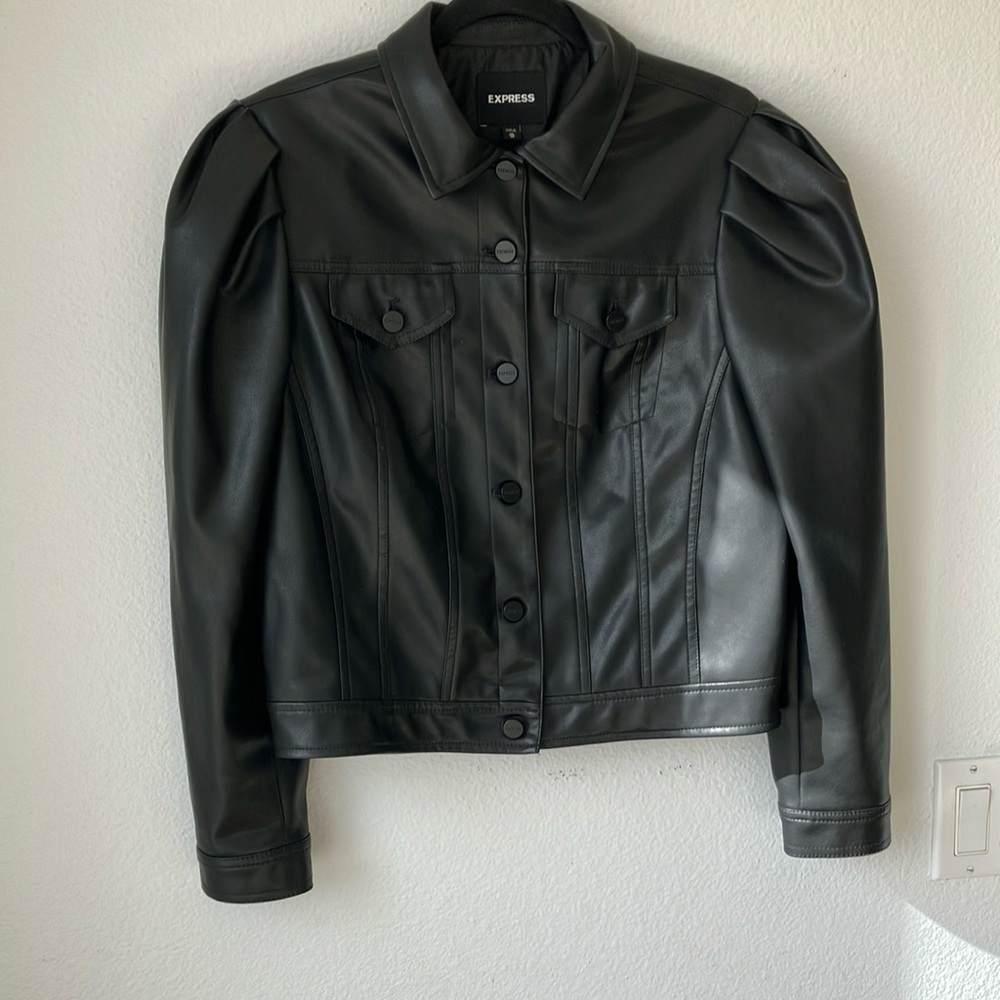 Express Women's Black Puff Sleeves Vegan Leather Jacket